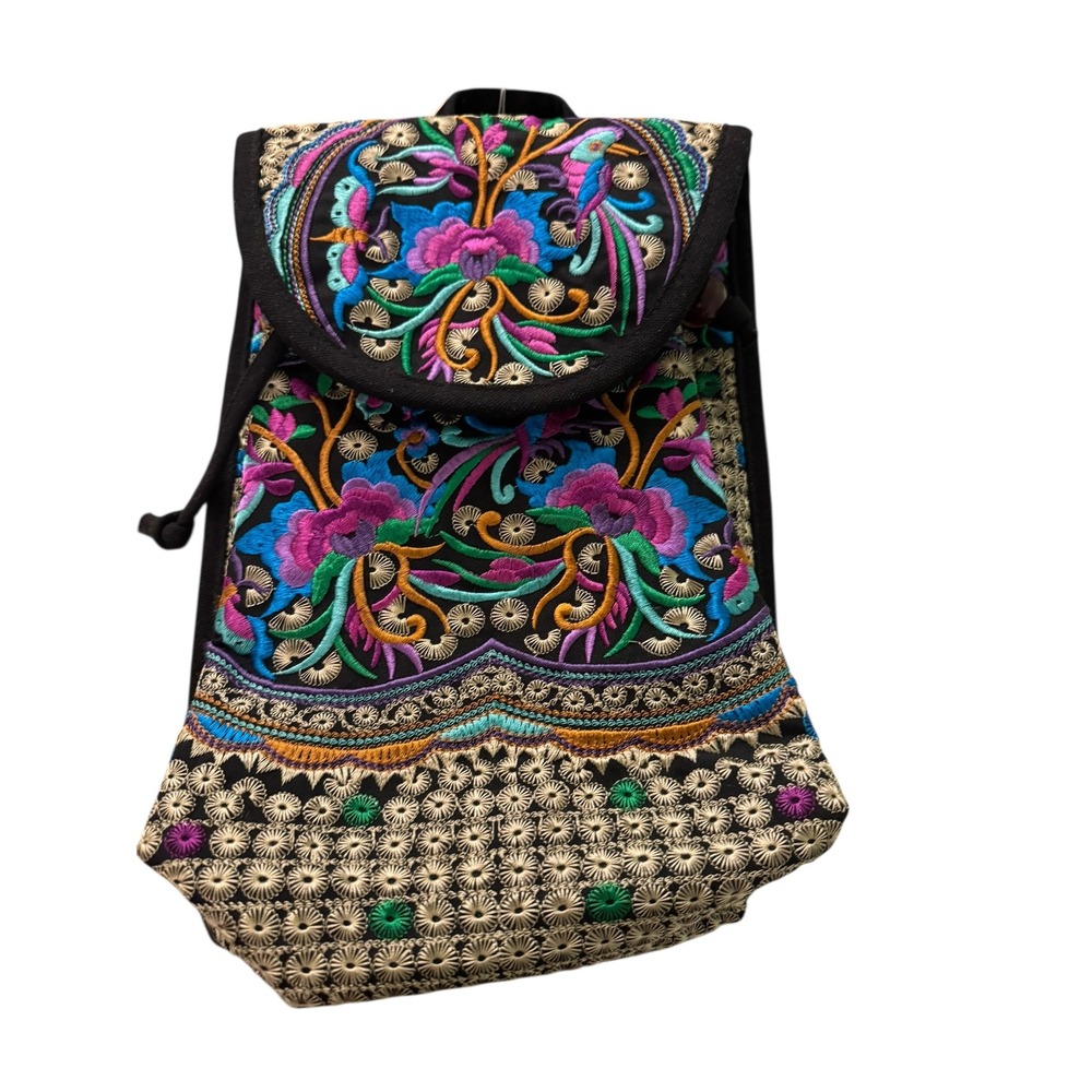 Boho Embroidered Backpack Colorful Floral Birds Drawstring Flap Bag